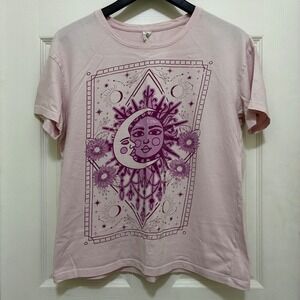 La Luna Sun Moon Celestial Graphic Tee Shirt Pink M Astrology Tarot Mystical Top
